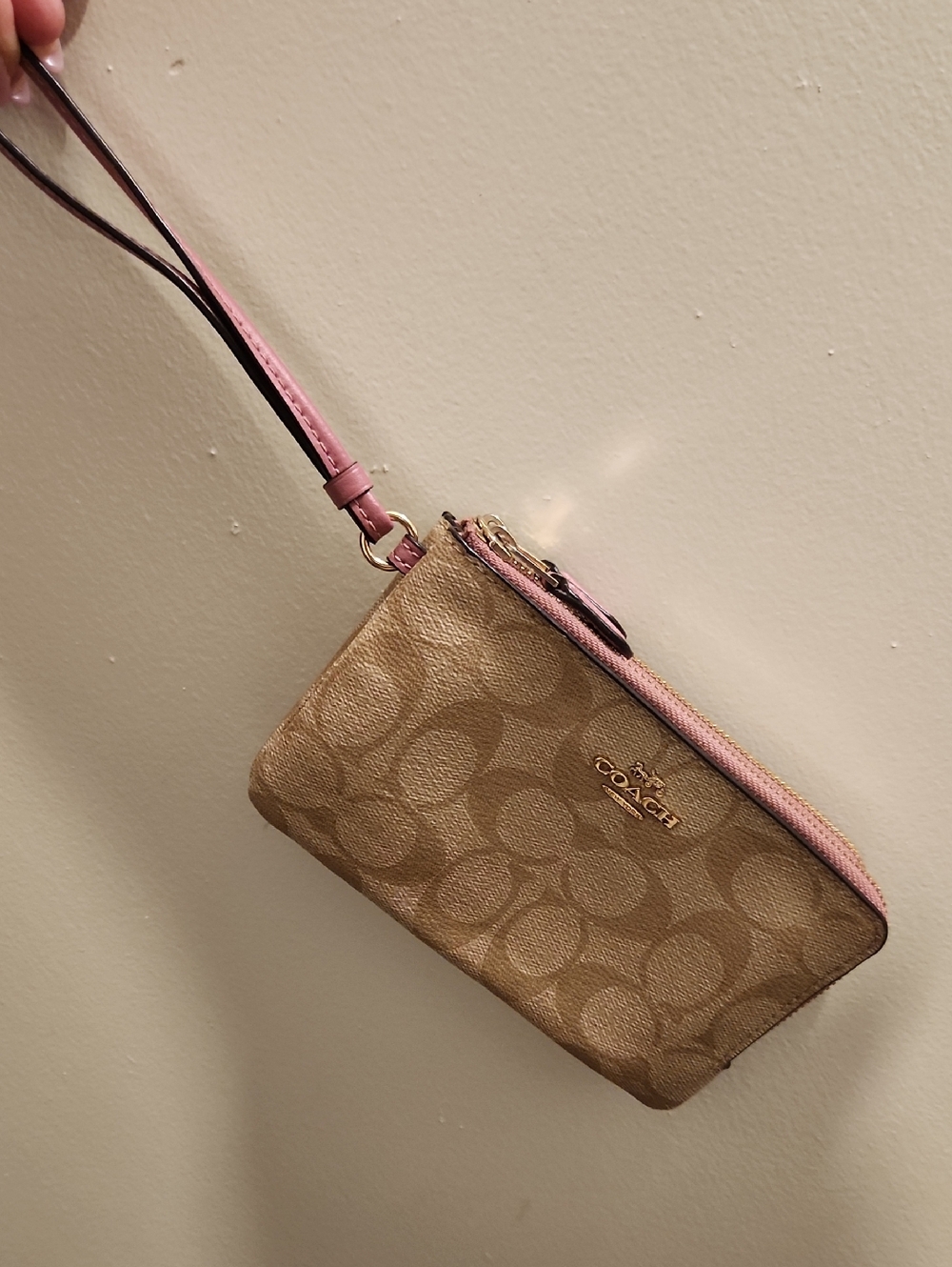 Coach Brown Signature Canvas Wristlet with Pink Trim